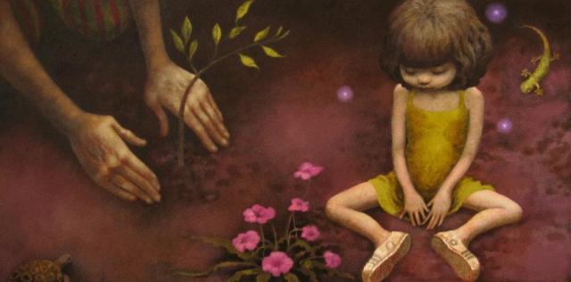 niña sembrando matitas