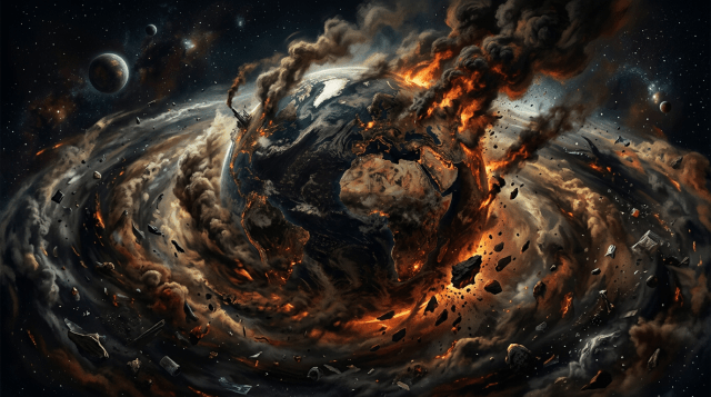 Earth in space engulfed by fire, smoke, and floating debris