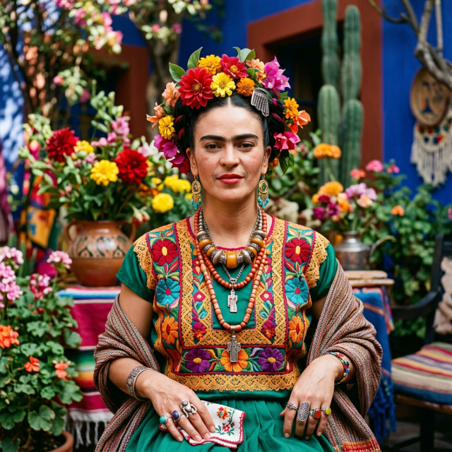 Woman wearing a colorful embroidered dress, floral crown, and jewelry sitting among flowers