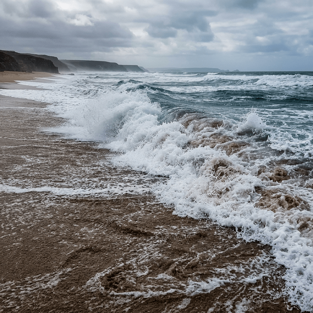Waves crashing on a sandy beach with overcast sky