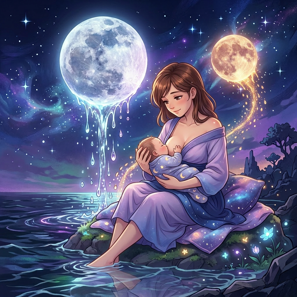 Two moons releasing liquid streams that drip into an ocean beneath a vibrant, star-filled sky