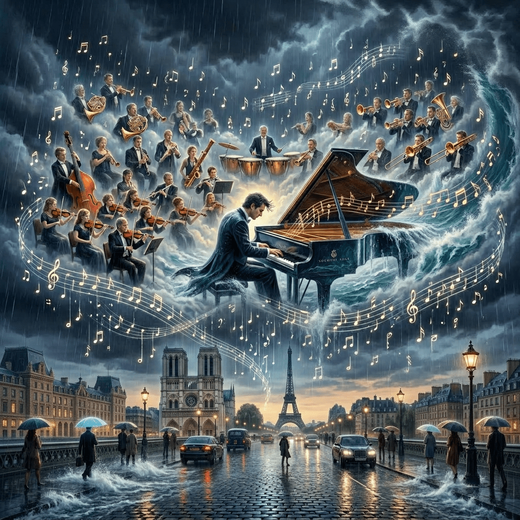 Orchestra playing in clouds above rainy London street with Big Ben in background