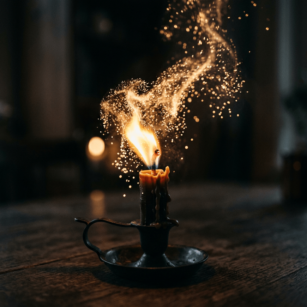 Burning candle with bright flame and glowing sparks swirling upward