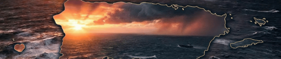 Island with lighthouse and lights at sunset with dark clouds and ship in ocean