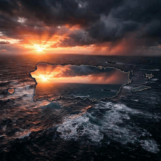 Island with lighthouse and lights at sunset with dark clouds and ship in ocean