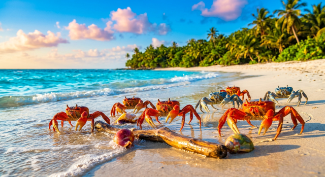 Red and blue crabs on wet sandy beach near ocean waves with seashells and driftwood