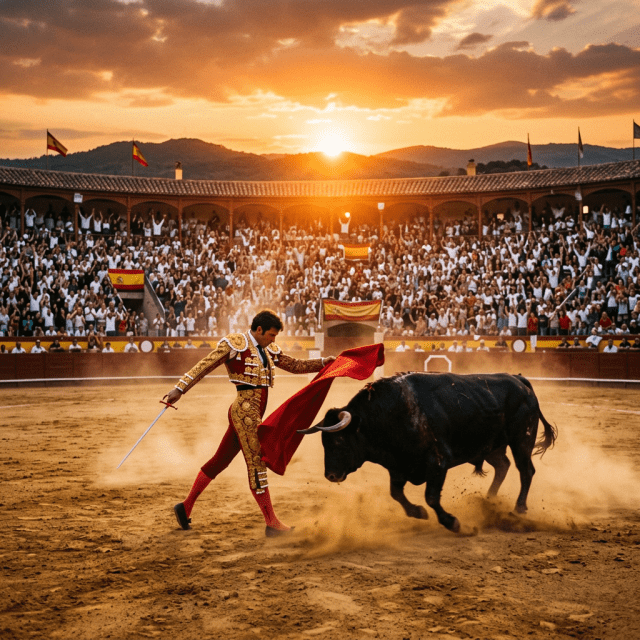 Matador in ornate suit engaging bull with red cape in a bullfighting arena