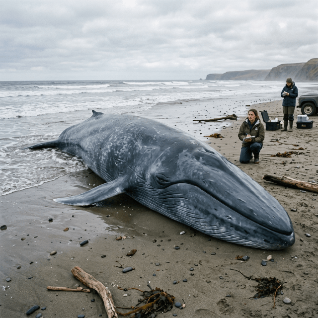 Blue whale stranded on beach with researchers taking notes nearby