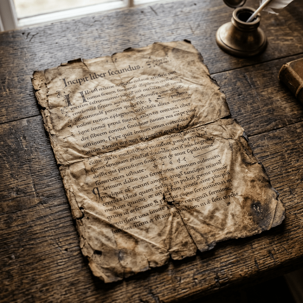 Worn, stained manuscript page with Latin text on wooden surface near ink bottle