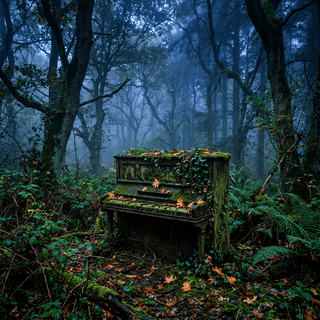 Old upright piano covered in moss and leaves in a foggy forest