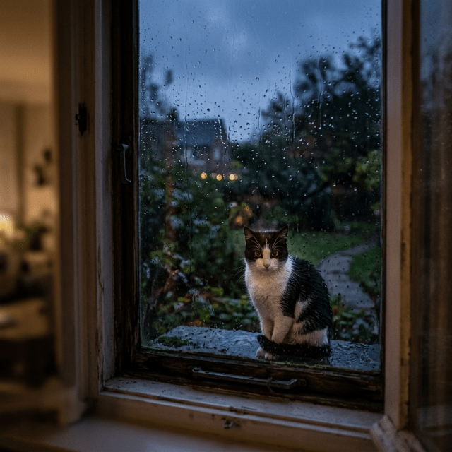 Black and white cat sitting on a rain-covered windowsill outside at dusk