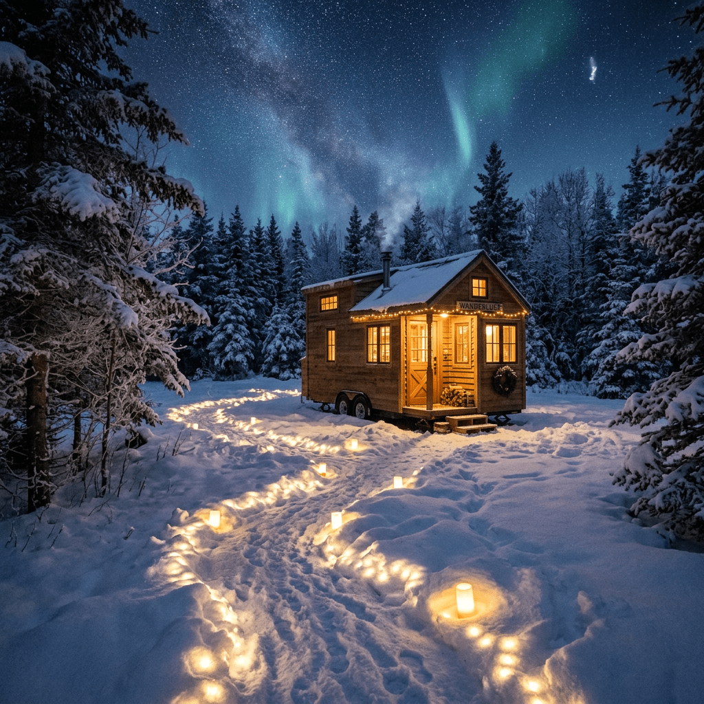 Tiny wooden cabin in snowy forest at night with lights and northern lights above