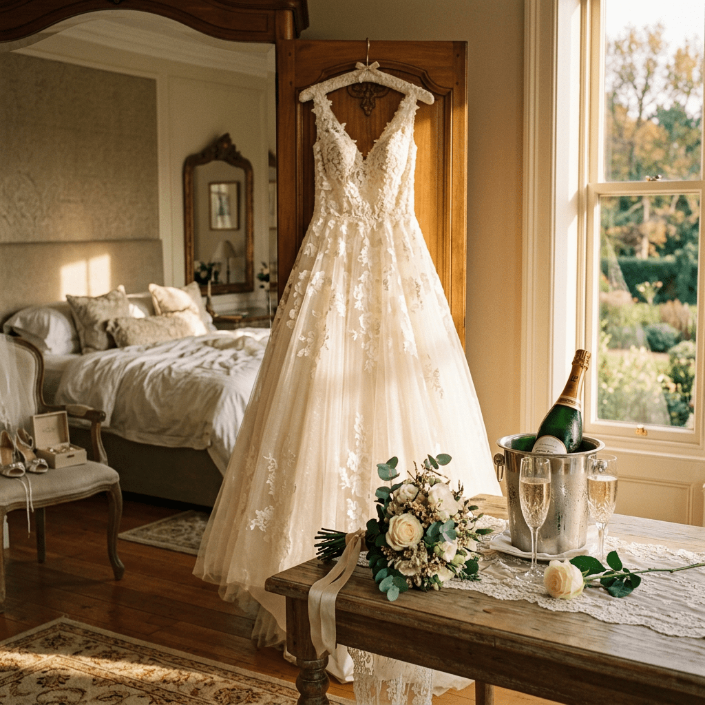 Lace wedding dress on hanger with bouquet and champagne in cozy bedroom