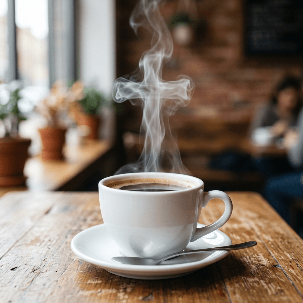 White cup of steaming black coffee on a saucer with a spoon on a wooden table