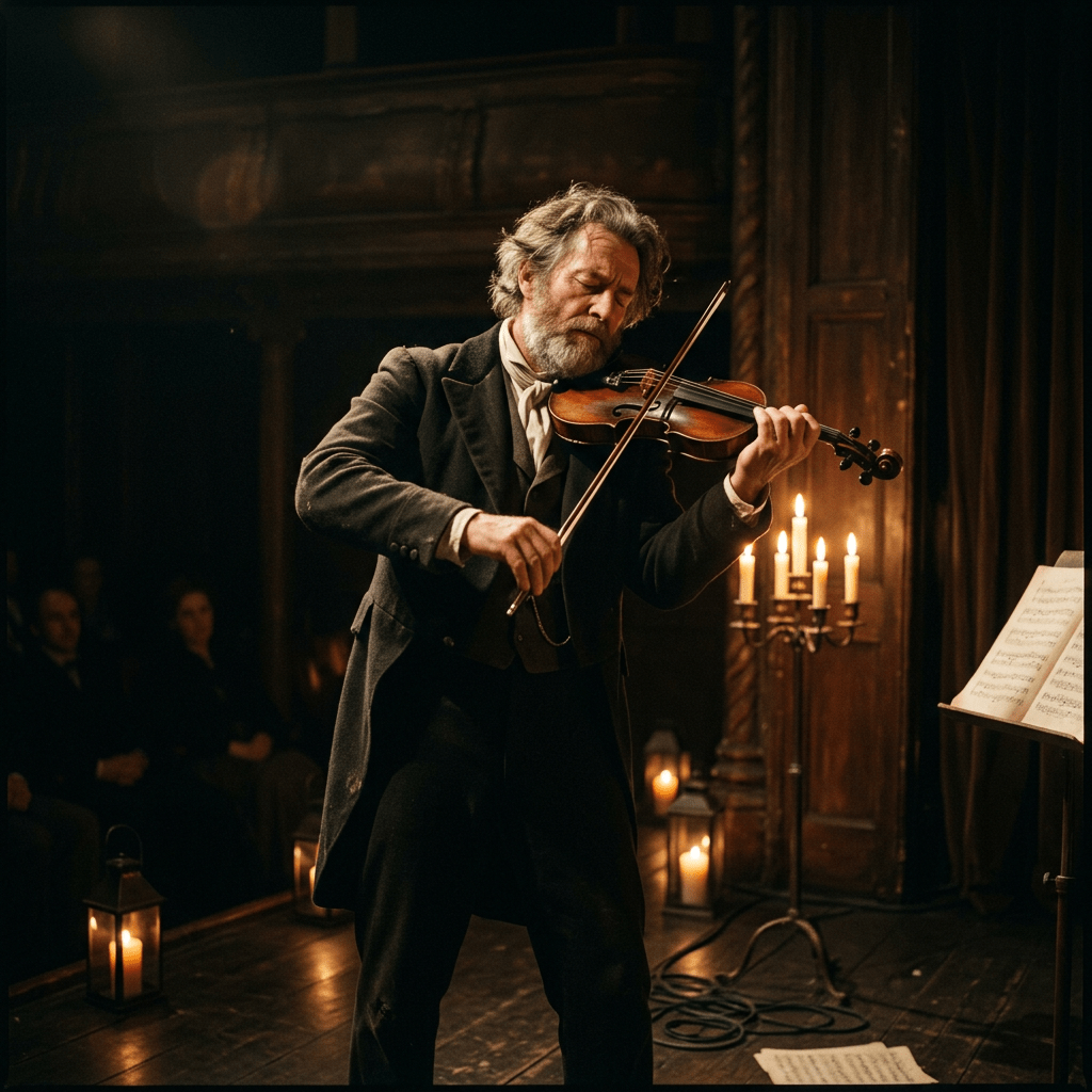 Man playing violin on stage with candles and sheet music