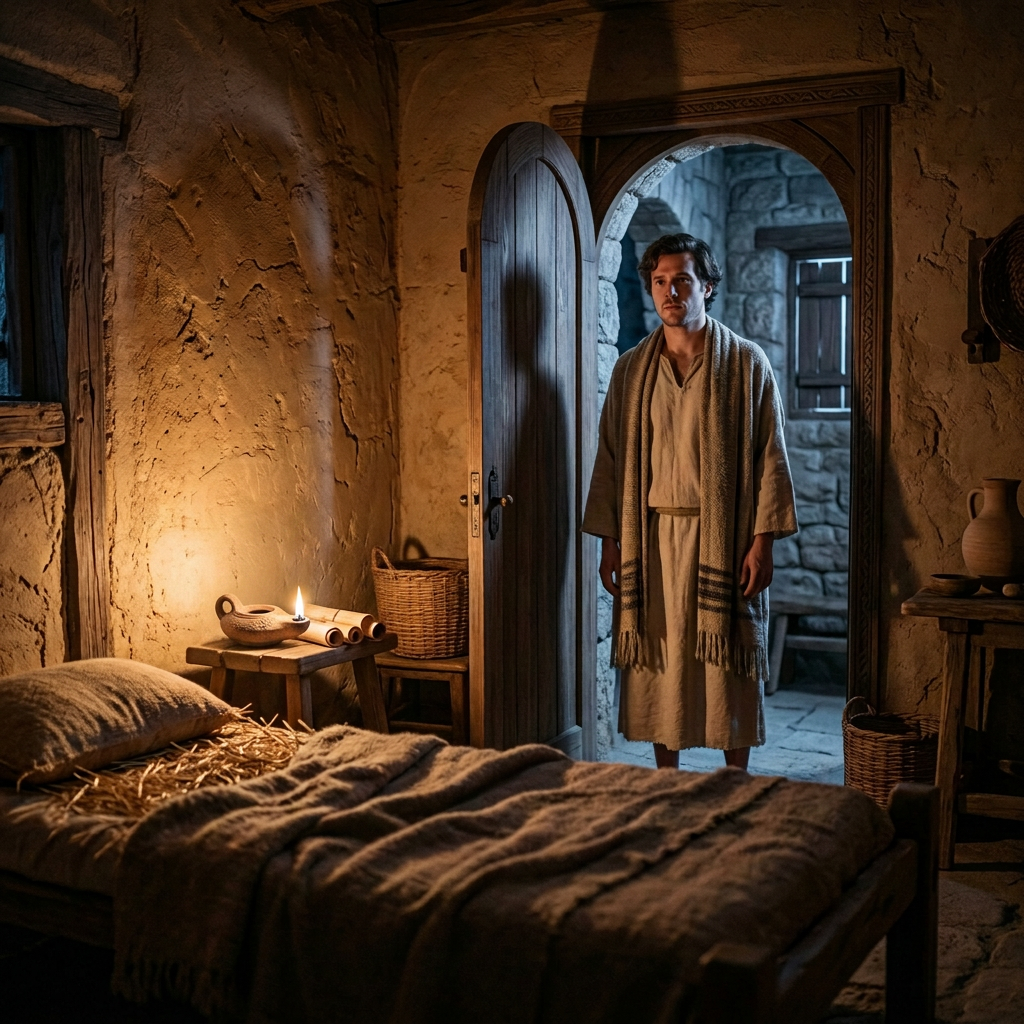 Man in casual clothes standing in an open doorway of a dim bedroom with a lamp on and an unmade bed
