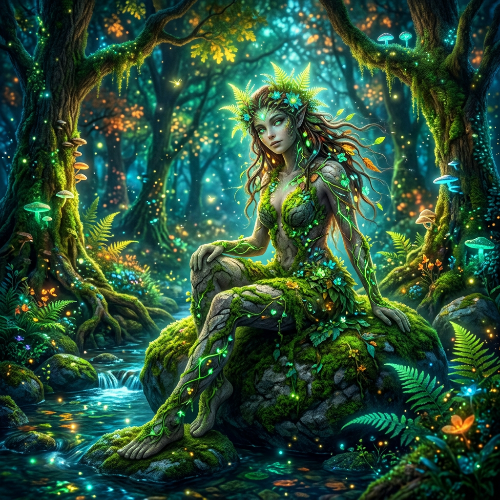 Forest spirit with glowing moss and flowers sitting on a rock by a stream in an enchanted forest