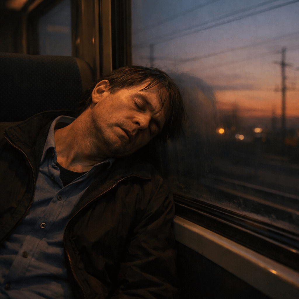 Man asleep resting head on train window during sunset
