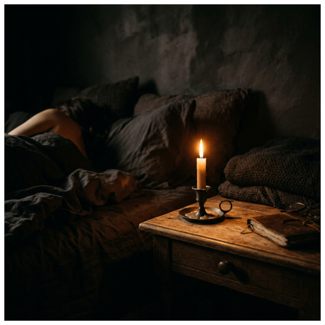 Person resting in bed next to a wooden bedside table with a lit candle, book, and glasses