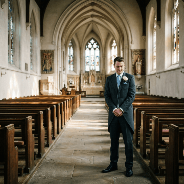 Groom in dark suit with white boutonniere standing in empty church aisle