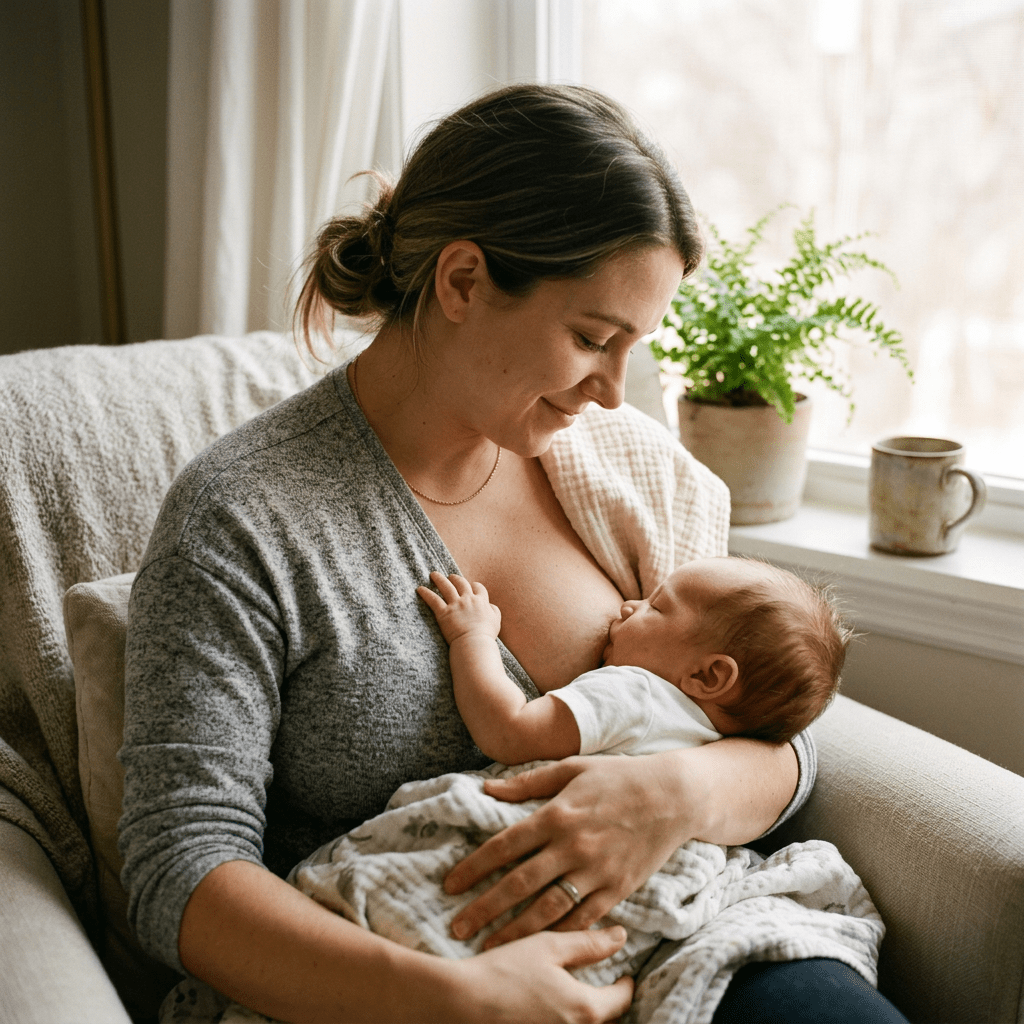 Mother breastfeeding a baby while sitting on a chair with a plant and mug in background