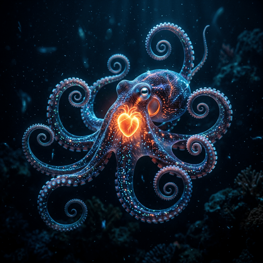 Octopus with glowing heart, swirling tentacles, dark background