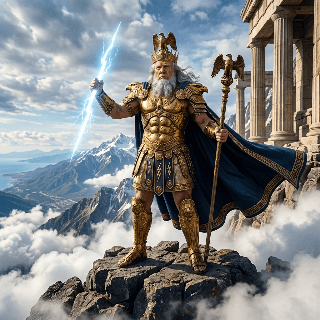 Zeus in golden armor holding a lightning bolt and staff on mountain peak