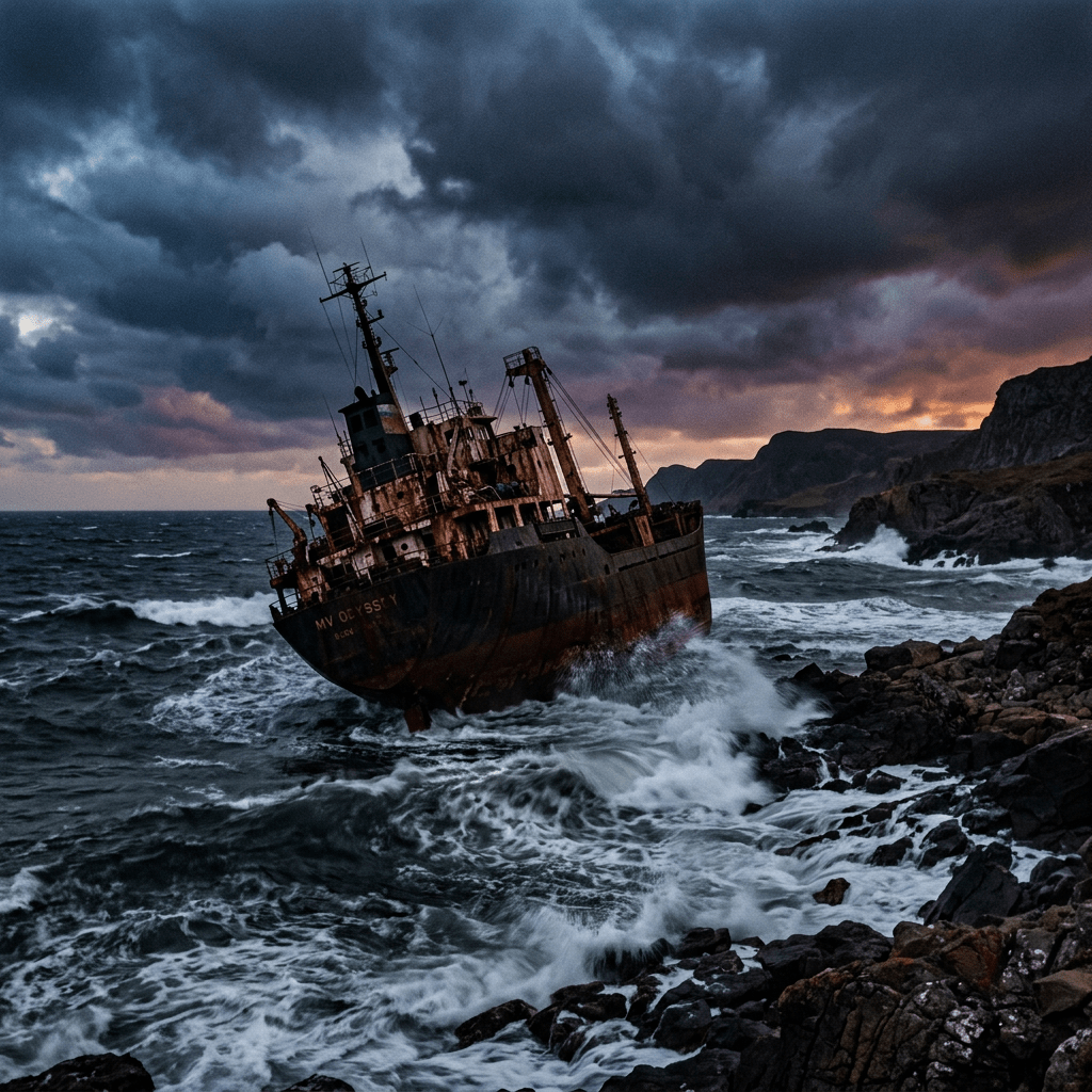 Rusty shipwreck leaning on rocks amid turbulent ocean waves at sunset