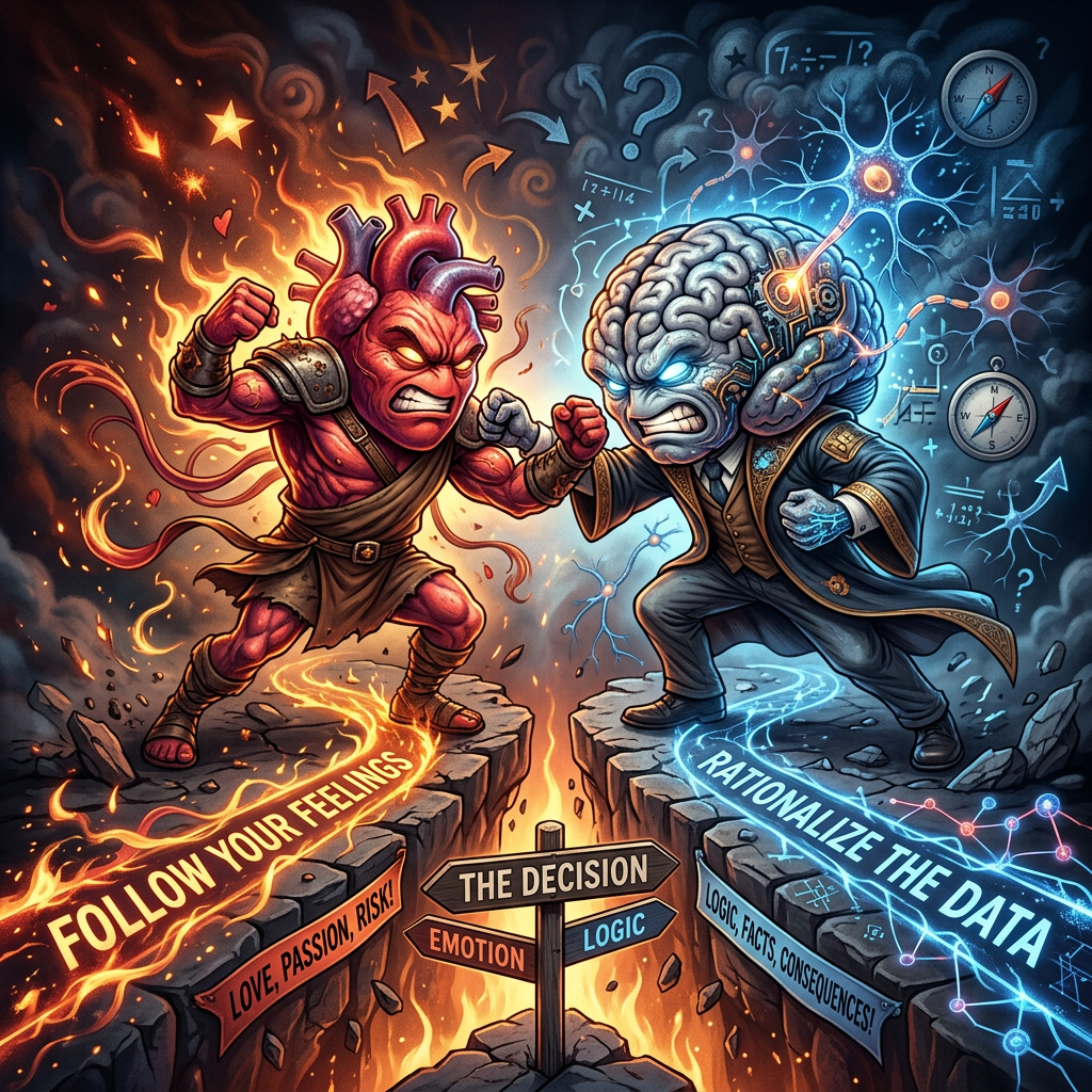 Heart and brain characters fighting representing emotion versus logic in decision making