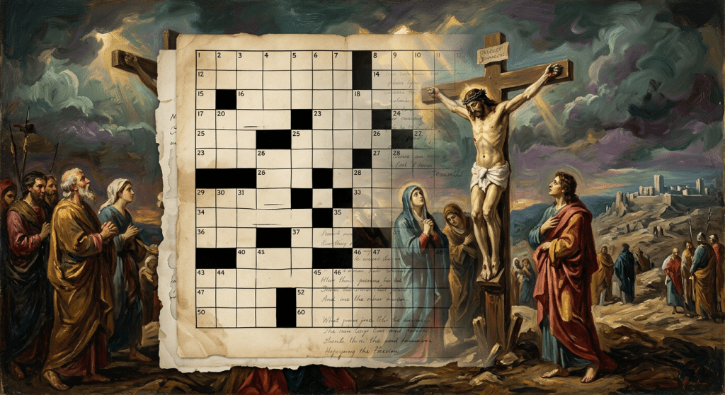Jesus on the cross surrounded by mourners with an old crossword puzzle overlay
