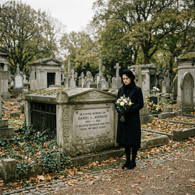 Young widow standing before a tomb