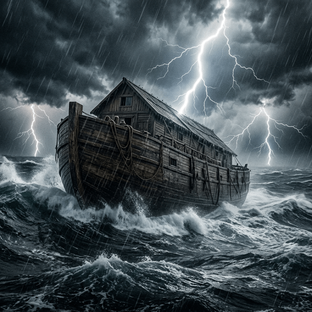 Wooden ark on turbulent ocean waves under dark stormy sky with multiple lightning strikes