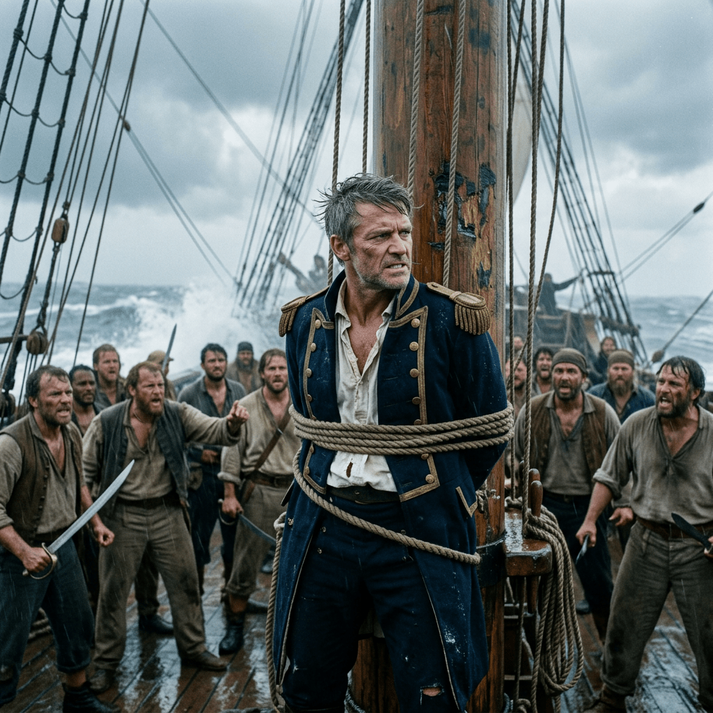 Naval officer bound to ship mast surrounded by angry sailors on stormy sea