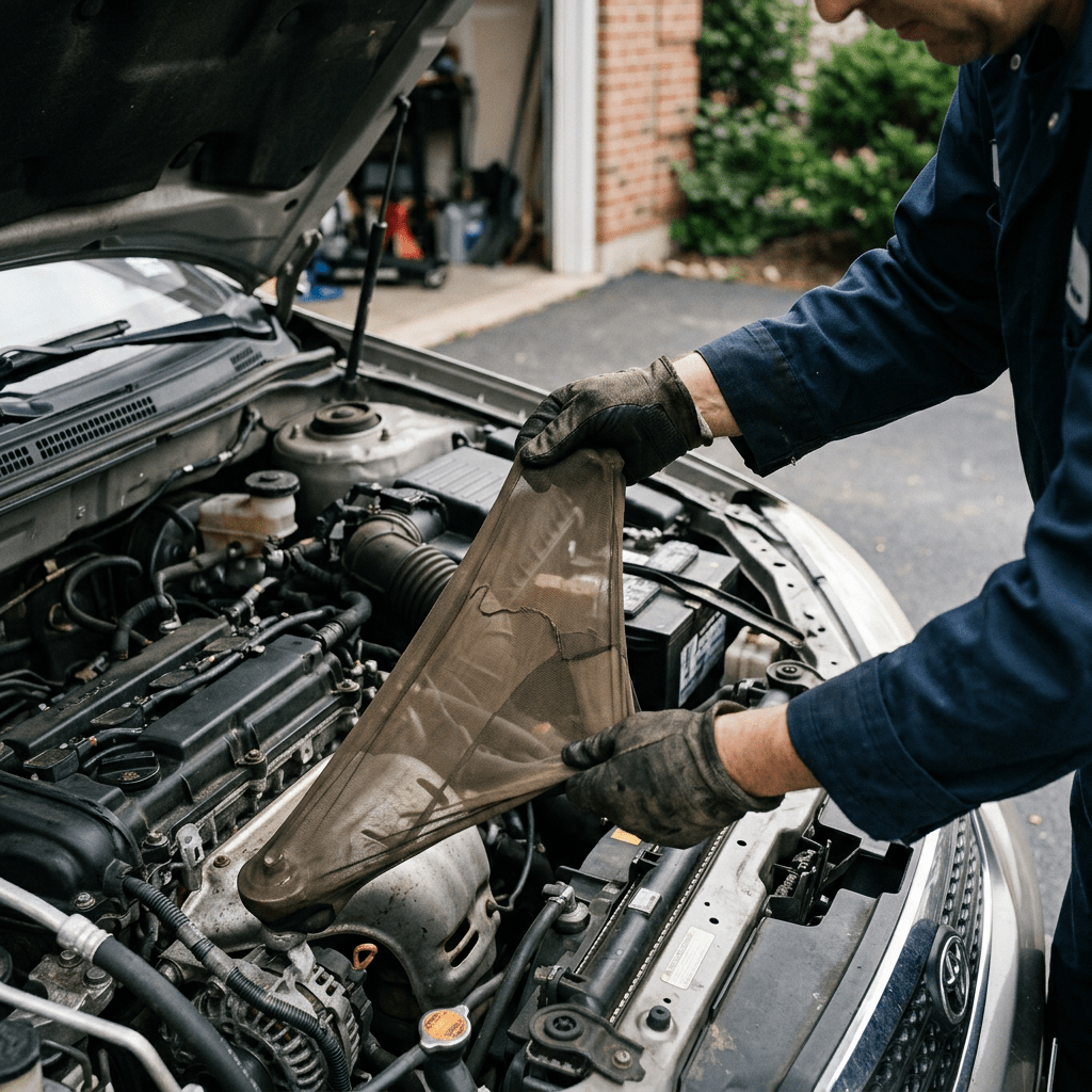 Mechanic holding a torn air filter above a car engine bay