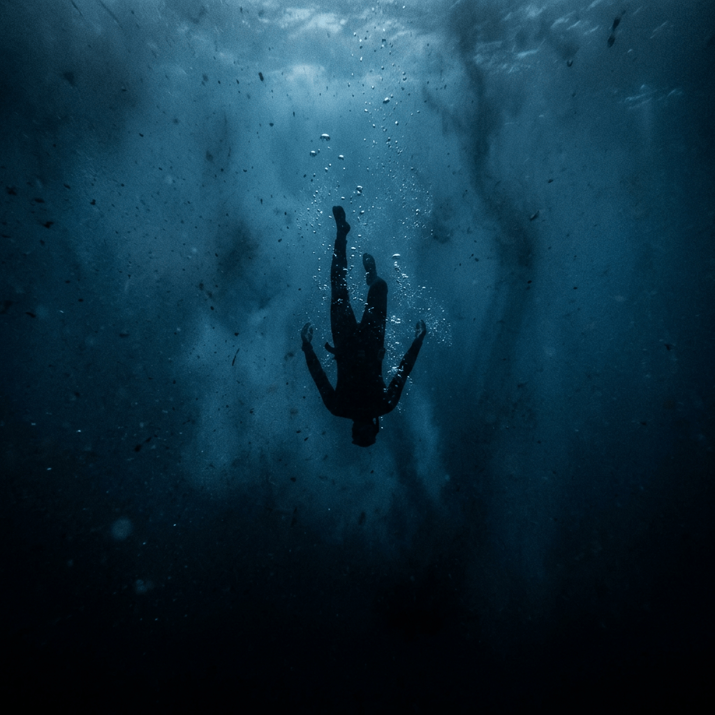 Silhouette of a diver sinking underwater surrounded by bubbles and particles