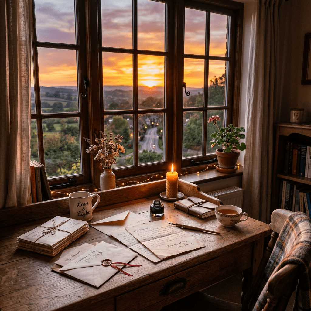 Desk with handwritten letters, a candle, a teacup, and a window showing a sunset over countryside