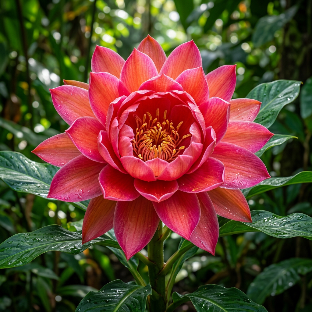 Bright pink and orange tropical flower with detailed petals and green leaves