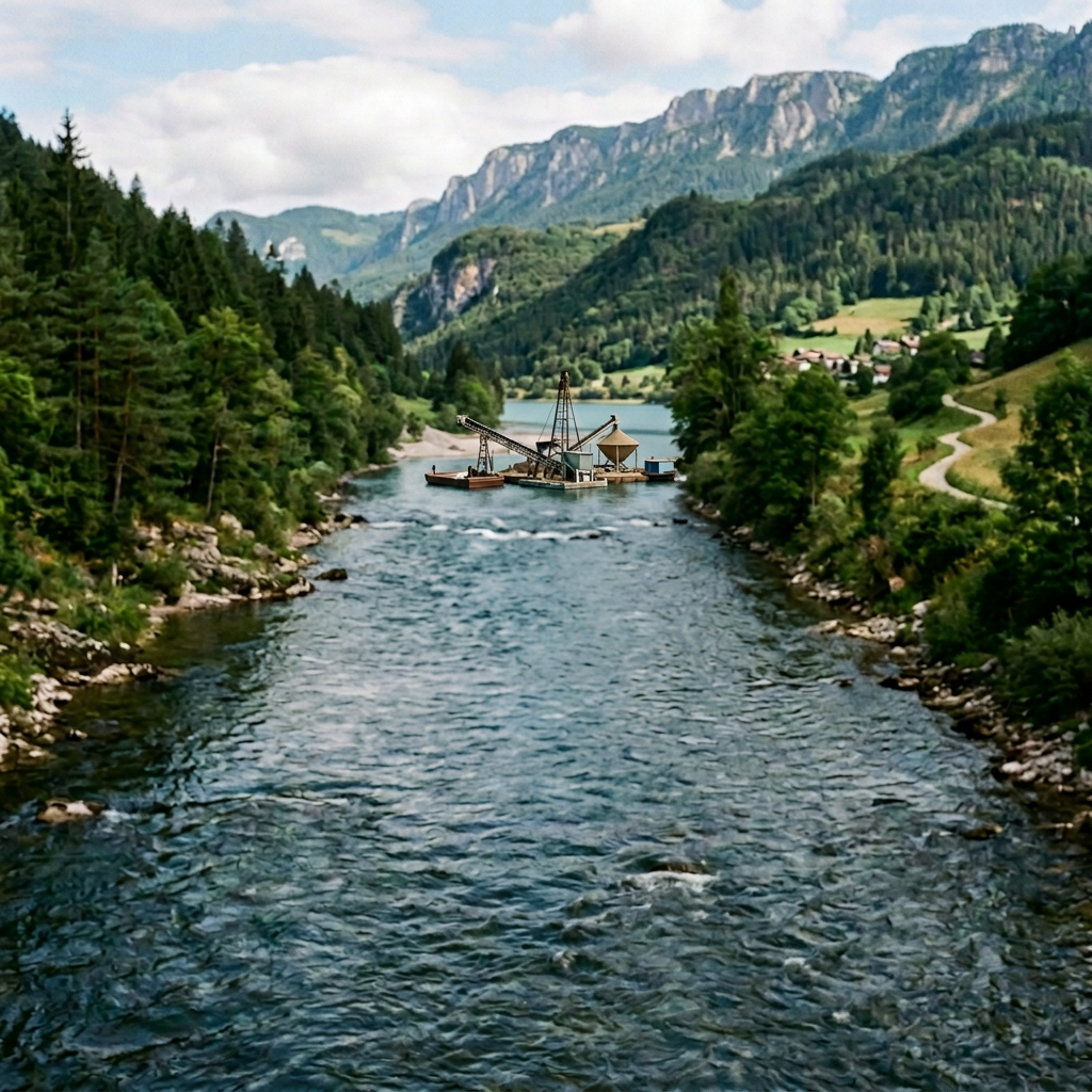 Cream canvas tote floating above a river in a mountainous forested valley