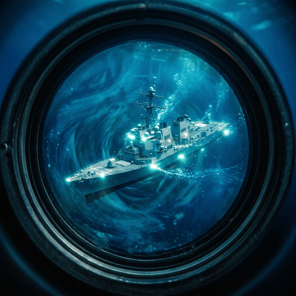Illuminated underwater submersible viewed through a circular viewport