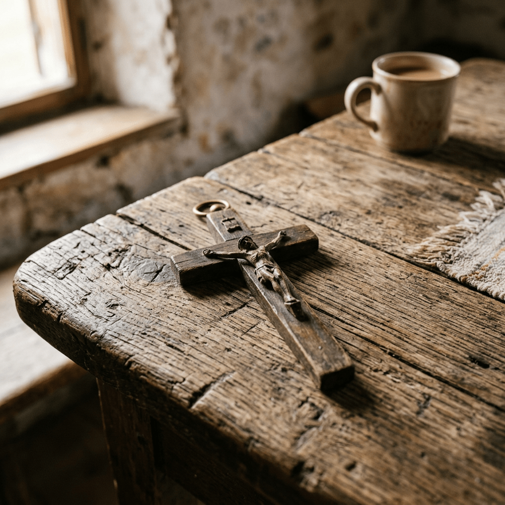 Wooden crucifix and cup of coffee on a rustic table