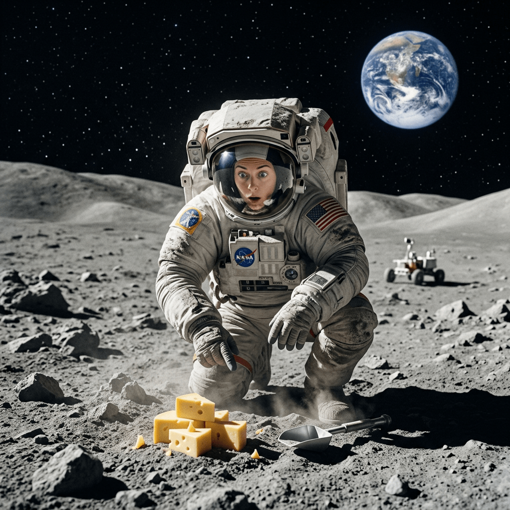 Astronaut kneeling beside cheese blocks and a scoop on the moon