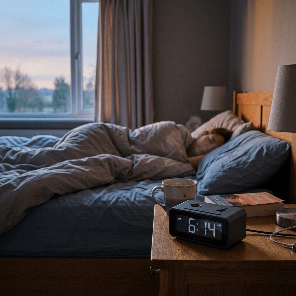 Person sleeping in bed beside an alarm clock showing 6:14 AM