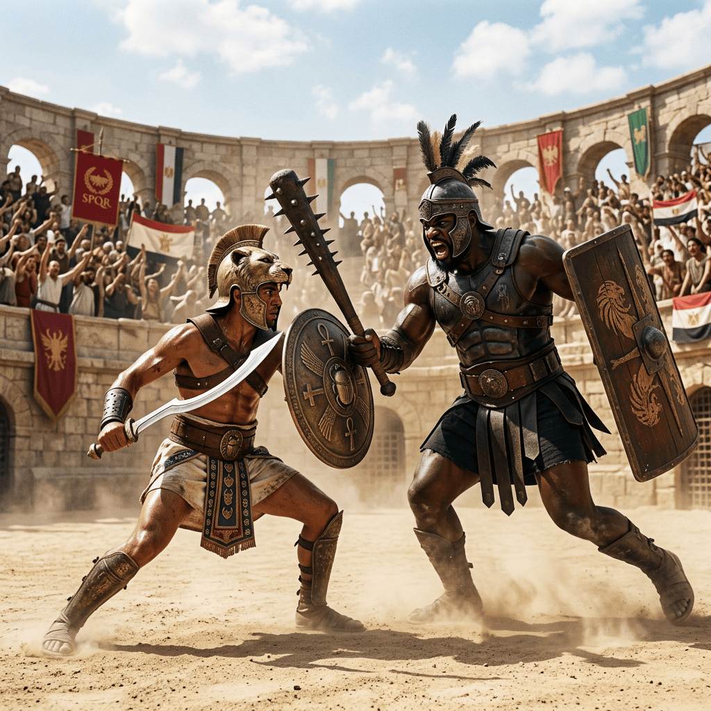 Two gladiators fighting with swords, clubs, and shields in a crowded arena