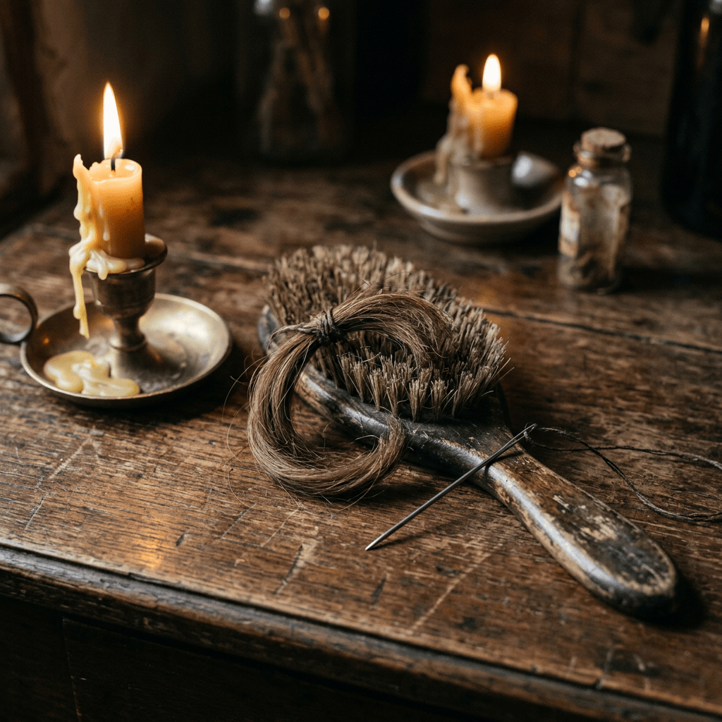 Candlelit wooden table with hairbrush, loose hair, candles, and jar
