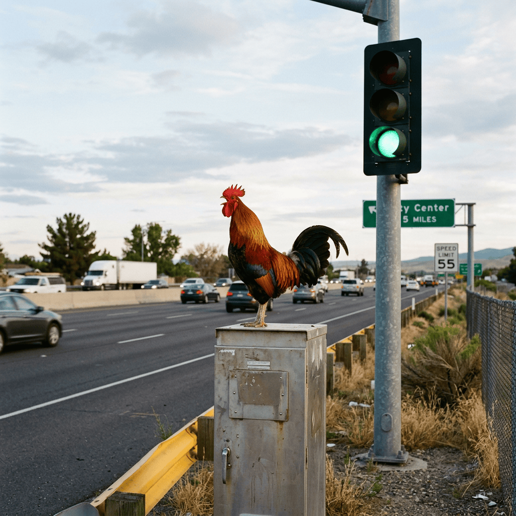Rooster on roadside box beside green traffic light, City Center 5 MILES, speed limit 55
