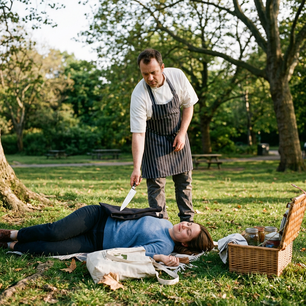 Man holding a knife over a motionless woman during a park picnic