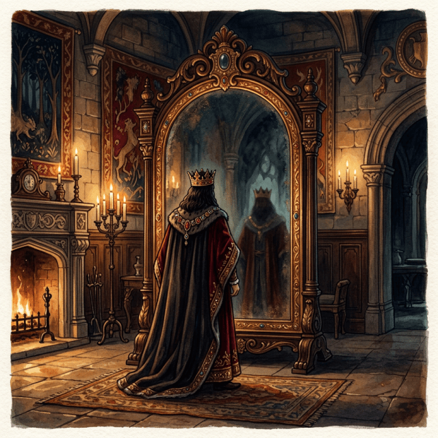 Crowned monarch in a dark cloak facing an ornate mirror