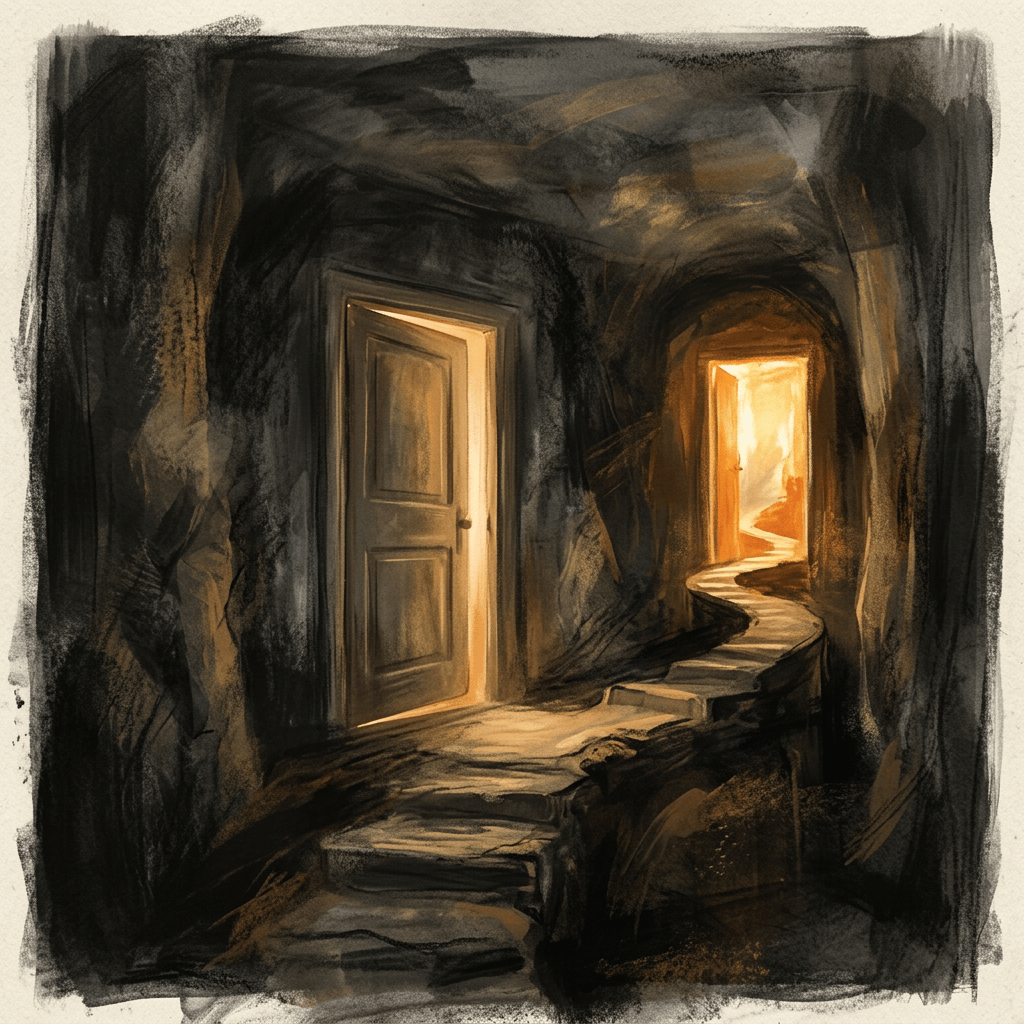 Dark cave passage with two doors and a winding path