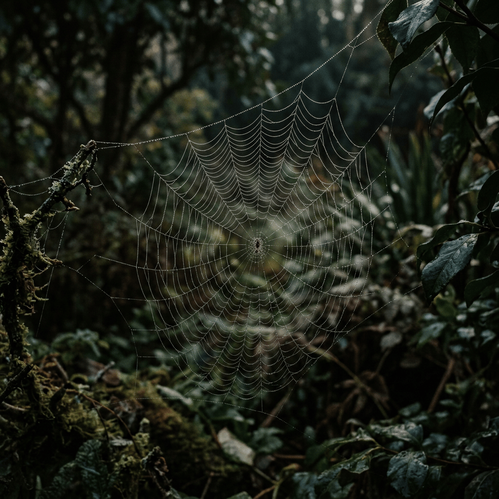 Dew-covered spiderweb stretched between mossy branches in a forest