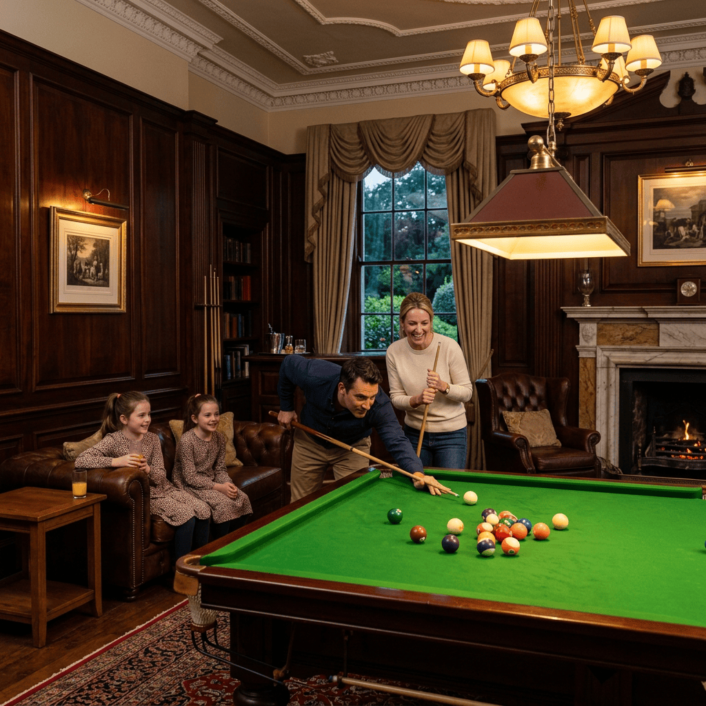 Family playing billiards around a green pool table